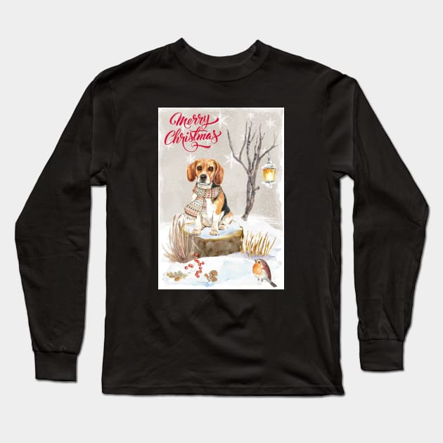 Beagle Merry Christmas Santa Dog Long Sleeve T-Shirt by Puppy Eyes